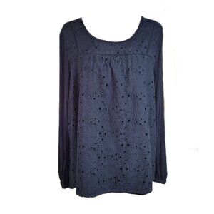 Lane Bryant Size 14/16 Black 100% Cotton Eyelet Front Top Long Button Sleeve